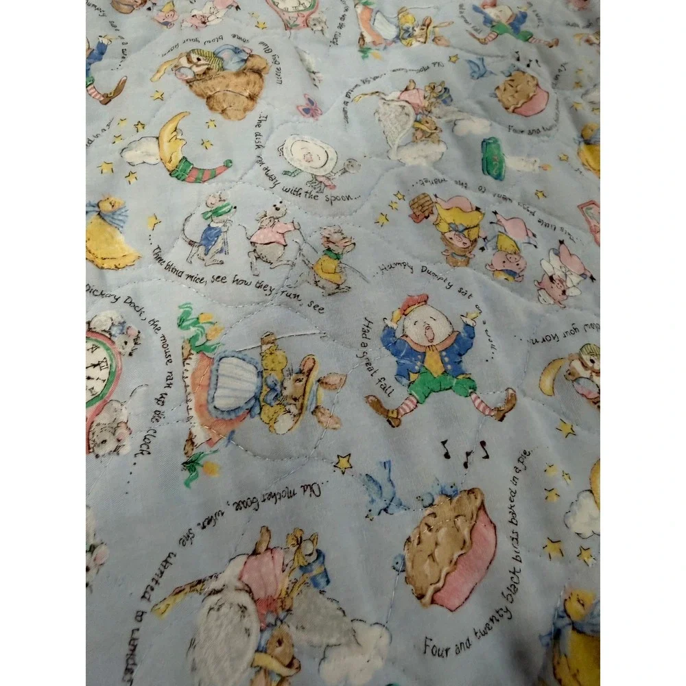 Vintage Mother Goose Nursery Rhyme Baby Quilt Blanket Reversible Mint Green Blue